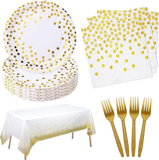 White and Gold Paper Plates and Napkins Tablecloth Party Supplies,Serves 25 Guests White Gold Plates and Napkins Tablecloth,Disposable Tableware Set for Birthday Graduation Retirement Decorations