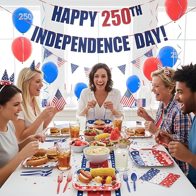 Patriotic Plates and Napkins,96Pcs 4th of July Tableware Set, American Flag Patriotic Party Supplies with Disposable Paper Plates, Napkins,Forks for 250th Anniversary Independence Day,Serves 24