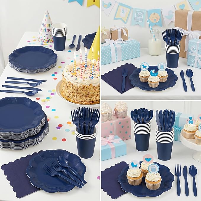 NatNarr 350 Pcs Navy Blue Plates and Napkins Set, 50 Guest Navy Blue Party Supplies Include 9" Graduation Plates & 7" Cake Plate Disposable Plastic Cutlery for Birthday Graduation Party Wedding