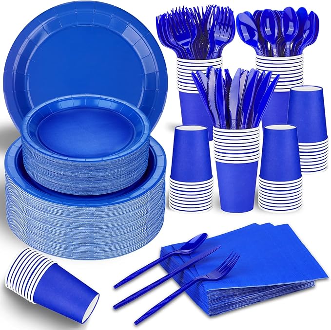 228PCS Blue Party Supplies Set Include Paper Plates Cups Blue Napkins Plastic Spoons Forks Knives for 30 Guests Disposable Party Dinnerware for Birthday Wedding Family Picnic