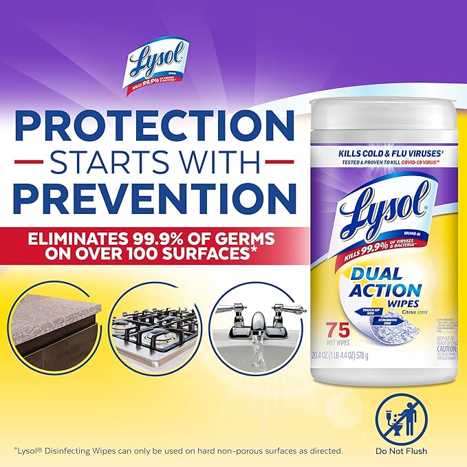Lysol Dual Action Disinfectant Wipes, Multi-Surface Antibacterial Scrubbing Wipes, For Disinfecting and Cleaning, Citrus Scent, 75ct (Pack of 6)