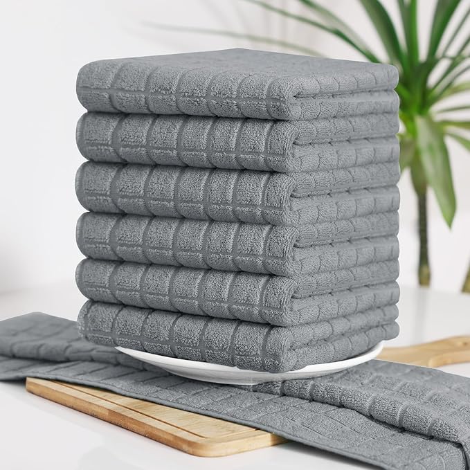Homaxy Premium Cotton Kitchen Towels 16"x 28", Large Natural Ring Spun 390 GSM Dish Towels, Super Absorbent Terry Kitchen Hand Towels, Soft Tea Towels with Hanging Loop, Pure Grey Design, 6 Pack