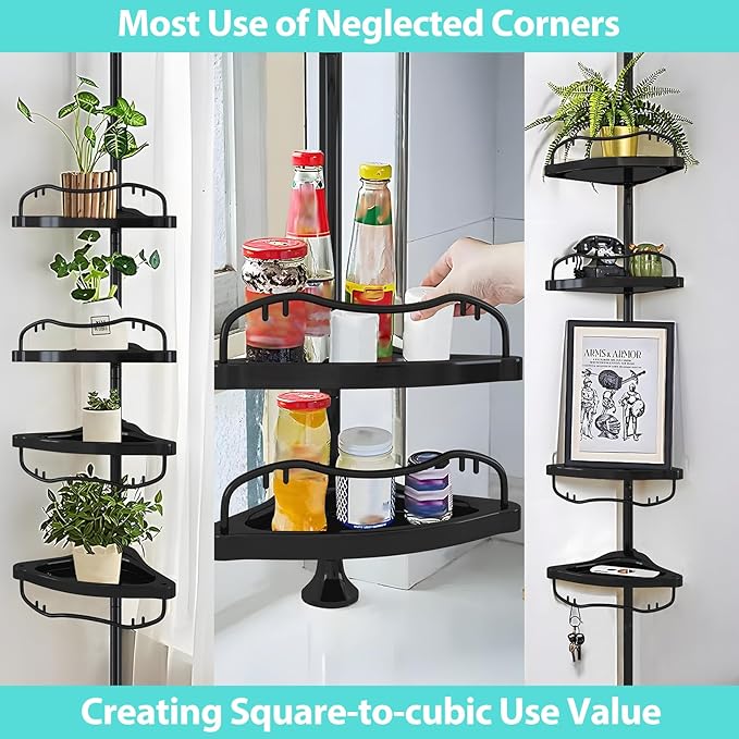 Corner Shower Caddy, 39-125 Inch Adjustable Height With ABS Shelves, Drill Free Organizer, 4 Layer Rustproof Metal Tension Pole, Large Storage, Black