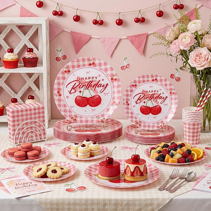 Liacere 32PCS Cherry Birthday Party Plastic Plates for 16 Guests - Includes 10 Inch Dinner and 7 Inch Dessert Disposable Plates - Red Gingham & Cherry Pattern - Ideal for Birthday Party