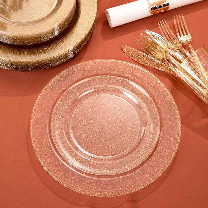 I00000 102PCS Gold Glitter Plastic Plates, Gold Glitter Disposable Plates Clear Plastic Party Plate Include 51 Dinner Plate 10.25" and 51 Dessert Plate 7.5" for Parties &Wedding