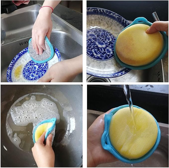 Dual Action Kitchen Cleaning Microfiber Scouring Scrubber, Round Dish Washing Sponge, 10 Pack (Blue)