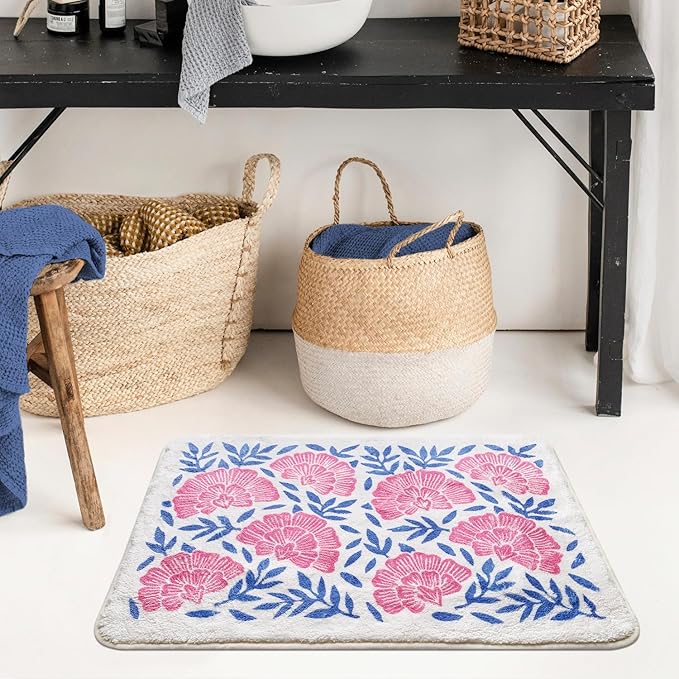 SHIYUE Cute Bath Mat for Bathroom Rugs, Ultra Soft and Fluffy Microfiber Water Absorption Non Slip Mat for Bedroom Kitchen Bathroom Toilet Floors(21"×30" Pink Flower)