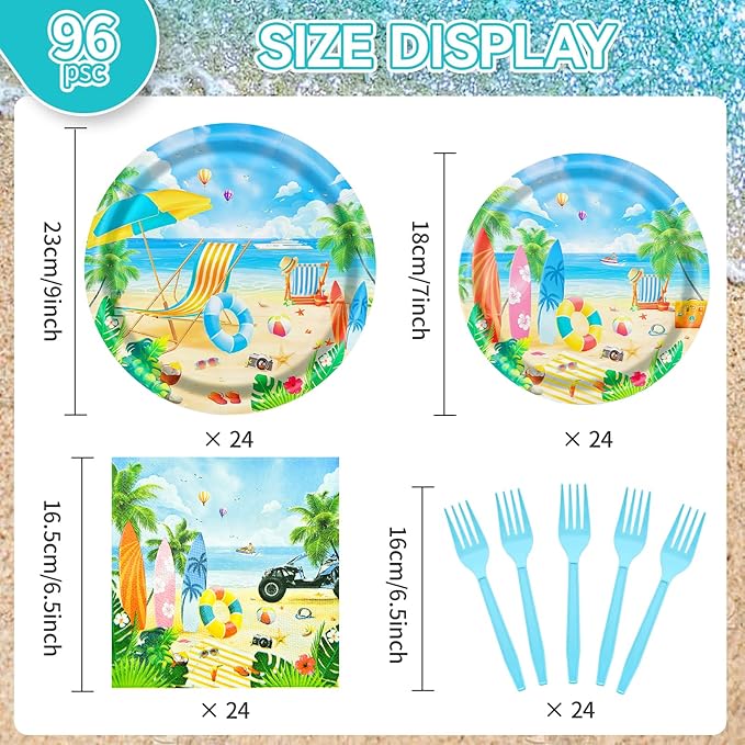96 Pieces Summer Beach Tableware Set Party Supplies - Tropical Themed Disposable Dinnerware with Paper Plates, Napkins, and Forks for Picnics, Birthdays, Pool Celebrations - Serves 24
