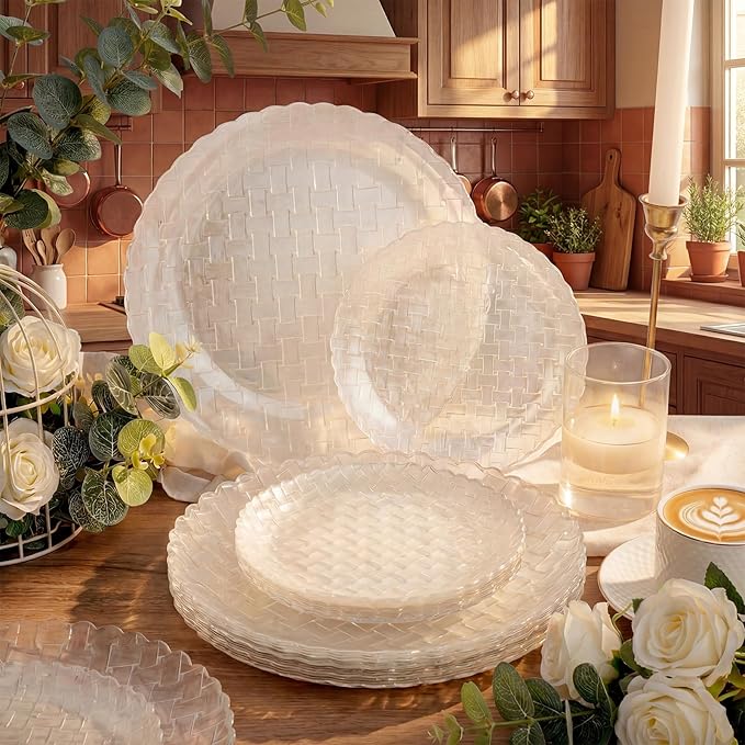Festiva 60PCS Clear Ivory Plastic Plates - Heavy Duty Weave Pattern Fancy Disposable Plates -serve for 30 guests Include 30PCS 10" & 30PCS 7" Plates for Bithday &Easter Party(Ivory)