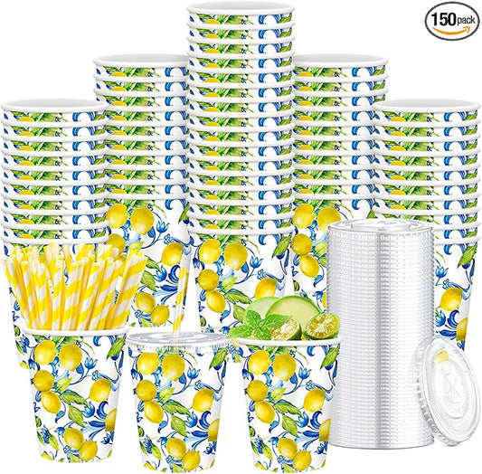 Tessco 150 Pcs 50 Sets Capri Lemon Paper Cups with Lids and Straws - 12 oz Blue Tiles Italian Lemon Cold Cups for Amalfi Coast Party, Bridal Shower, Wedding Supplies
