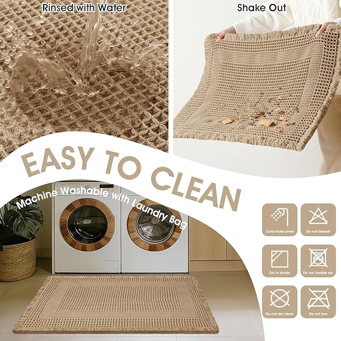 Upgraded Waffle Bath Mat, 32"x20" Beige-Looped, Super Absorbent Non-Slip Quick Dry Bathroom Rugs with Tassels, Machine Washable Ultra Soft Boho Bath Rugs for Floor, Toilet Mats Boho Farmhouse Decor
