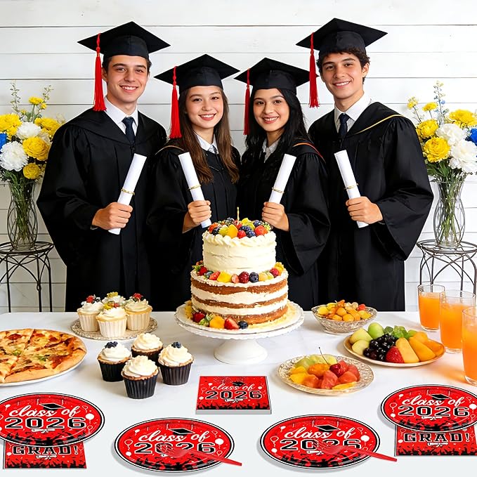 75 Pcs Graduation Plates and Napkins Party Supplies Set,Serves 25 Guests 2026 Red Graduation Plates and Napkins,Disposable Paper Tableware Set for Graduation Party Decorations