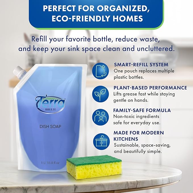 Liquid Dish Soap Refill Pouch 1 Liter – Family Size Dishwashing Liquid for Home Use – Non-Toxic Formula Cuts Grease While Gentle on Hands – Eco Refill for Dish Soap Dispensers & Kitchens - Set of 12