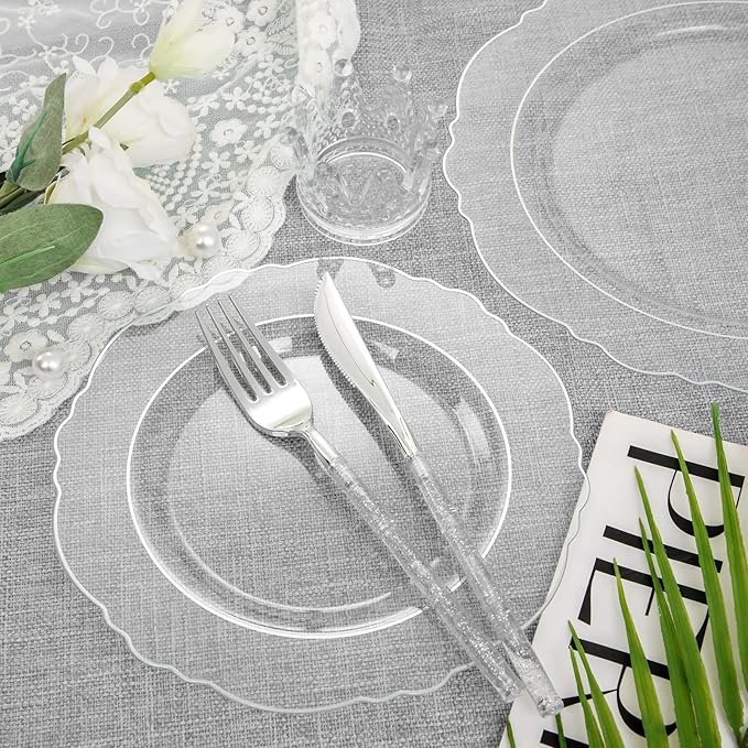 Liacere 150PCS Clear Silver Plastic Plates & Disposable Silver Plastic Silverware with Glitter Bamboo Handle Cutlery-Baroque Clear Disposable Plates for Wedding & Easter day & Mother's Day