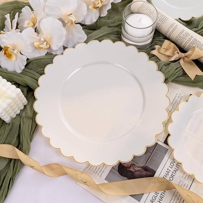 LIYH 60 Pcs Ivory and Gold Scalloped Plastic Plates - Disposable Fancy Combo Plates Includes 30 Dinner Plate 10.25" and 30 Dessert Plate 7.5" Plastic Heavy Weight Party Tableware Dishes