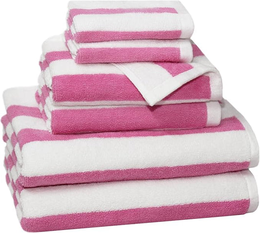 ORIGINAL KIDS 6 Piece Towel Set - Cabana Stripe - Rugby Stripe - 2 Bath Towels, 2 Hand Towels, 2 Washcloths - 100% Cotton - Soft Absorbent Quick Dry Durable Pool Shower Beach - Gift - Pink White