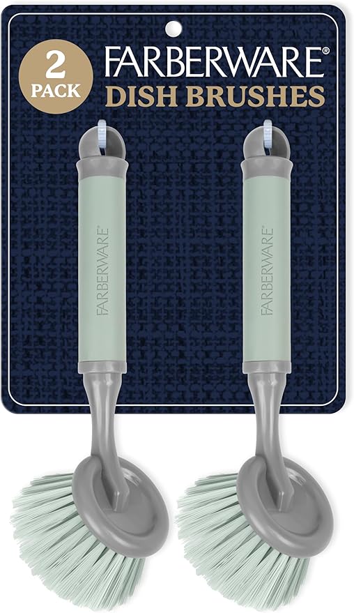 Farberware Dish Brush with Handle – 2 Pack Kitchen Scrub Brush for Dishes, Non-Scratch Dishwashing Brush Set with Firm Bristles for Pots, Pans, & Sink, Soft Grip Handles for Everyday Cleaning