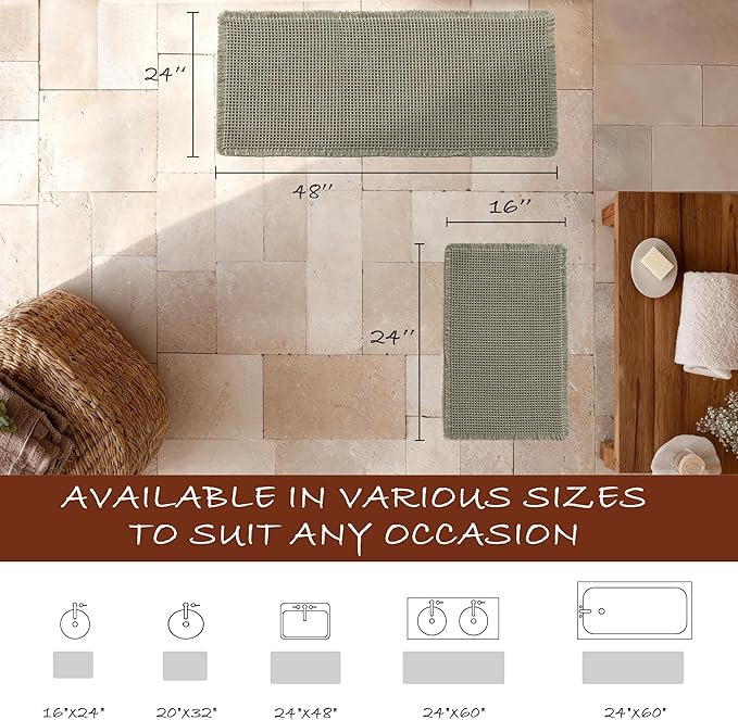 DWCN Waffle Bathroom Mats Set, Non Slip Bath Rug Set for Bathroom Floor, Super Absorbent Shower Mats for Tub, Washable Kitchen Rugs for Farmhouse Boho Style, 16" x 24" Plus 24" x 48", Olive Green