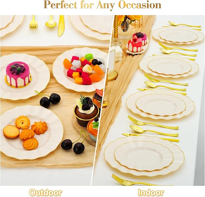 60Pcs Heavy Weight Ivory Plastic Plates with Gold Trim, Heavy Duty Wedding Plates, Elegant Disposable Plate Sets include 30 Dinner & 30 Dessert Plates for Party & Wedding(30 Guests)