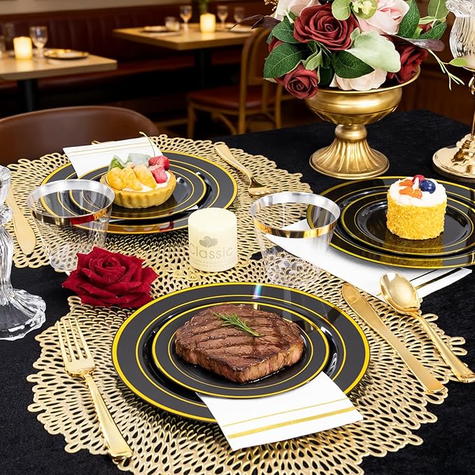 GATHER 350PCS Black Plastic Plates - Black and Gold Disposable Dinnerware Set Include 100 Plates, 150 Gold Silverware, 50 Napkins, 50 Cups for Party & Wedding & Birthday & Graduation