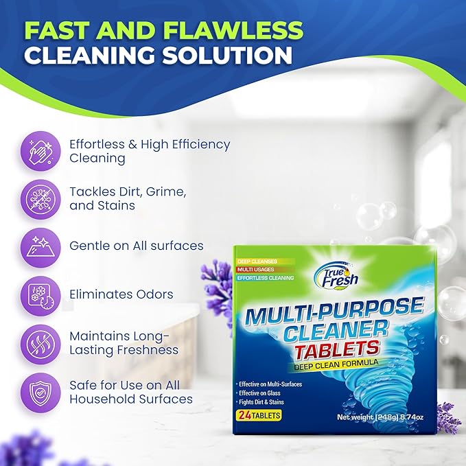 True Fresh 2-in-1 Toilet Bowl Cleaner Tablets 26 Pack & Multi Surface All Purpose Cleaning Tablets 24-Pack, Rapid Dissolving Formula, Septic Safe, Stain Remover for Long-Lasting Freshness and Shine