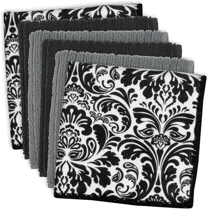 DII Cleaning Collection Multi-Purpose Microfiber, Black Damask, Dishcloth Set