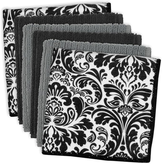 DII Cleaning Collection Multi-Purpose Microfiber, Black Damask, Dishcloth Set