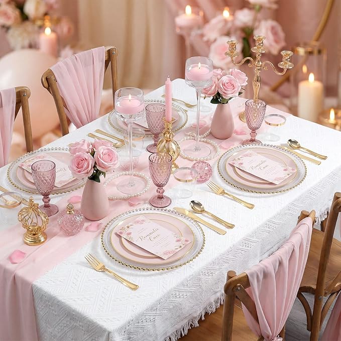 WDF 300Pcs Pink Plates Disposable - Pink and Gold Plastic Dinnerware Set for 50 Guests Include 50 Dinner & Cake Plates & 50 Disposable Cutlery & 50 9oz Cups for Wedding/Baby Shower/Birthday