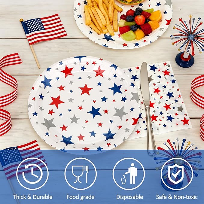 100Pcs 4th of July Plates and Napkins,Patriotic Party Tableware Set | 50*9inch Plates | 50*6.5inch Napkins,250th Anniversary Red Blue Silver Stars for Independence Day Veterans&Memorial Day Decoration