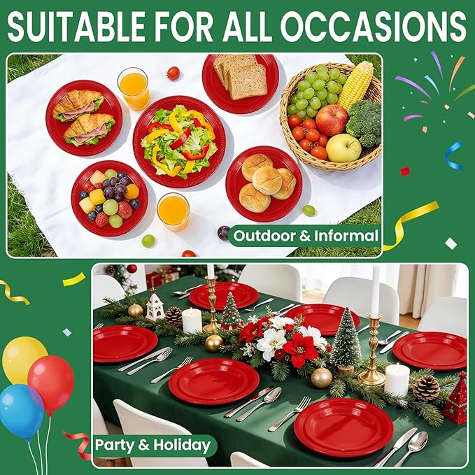 LANLISA 50 Pcs Red Plastic Plates For Party, 25-9" & 25-7" Disposable Cake Dessert Plates For Birthday, Valentines, Graduation, Mothers Day, 4th of July, Christmas Dinner