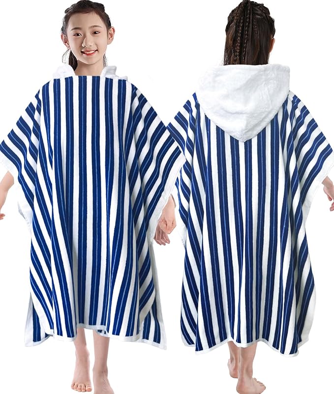 VOOVA & MOVAS Hooded Poncho Towel for Teens Unisex 100% Cotton Durable Timeless Beach Pool Swim Cover Up Navy Blue Bold Stripe