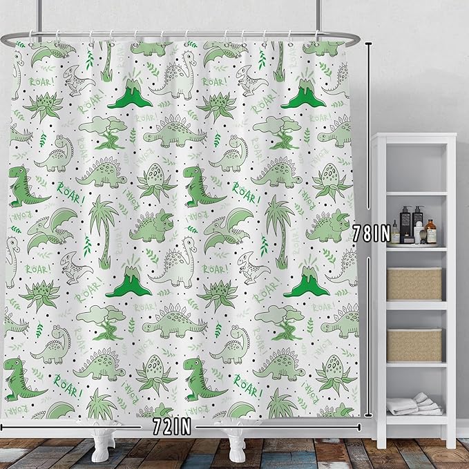 Baocicoo Cute Cartoon Dinosaur Shower Curtain Sets Green Animals Plants Bath Curtain for Boys Girls Bathroom Decorations Polyester Fabric Waterproof Curtains for Bathroom with Hooks 72x78 Inches