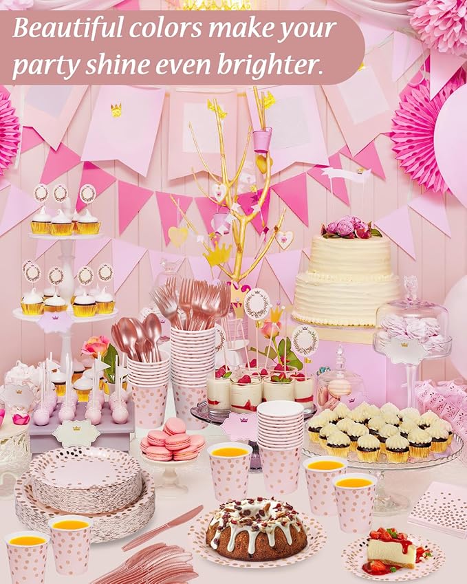 224 Pieces Party Supplies, Pink and Rose Gold Dots Party Plates Cups and Napkins Sets with Plastic Knives forks spoons, Disposable Tableware Serves 32 Sets for Wedding, Birthday, Graduation, Festivals