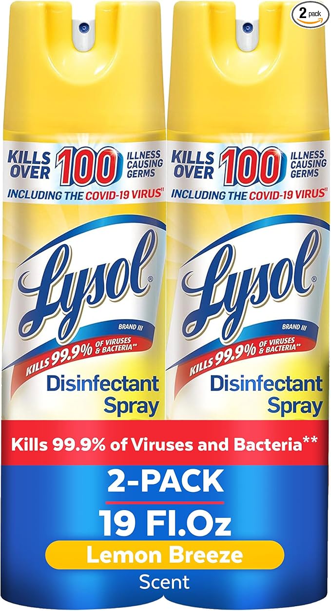 Lysol Disinfectant Spray, Household Cleaning Supplies, Disinfecting Multi-Purpose Room Spray, Antibacterial Sanitizer, Deodorizer, Kills Hantavirus, Lemon Breeze, 19 Fl Oz (Pack of 2)