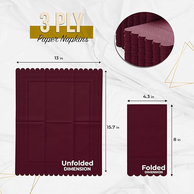 Party Solids Burgundy Scalloped Napkins Disposable 20 Pcs 3-Ply Burgundy Scalloped Dinner Napkins Disposable Decorative for Dinners & Parties, Paper Guest Towels for Bathroom & Party Supplies