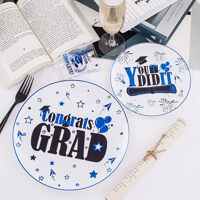 Liacere 150PCS Graduation Plastic Plates - Black and Blue Plastic Plates, Party Plates include 50Plates 25Knives 25Forks 25Spoons 25Cups for Graduation Party