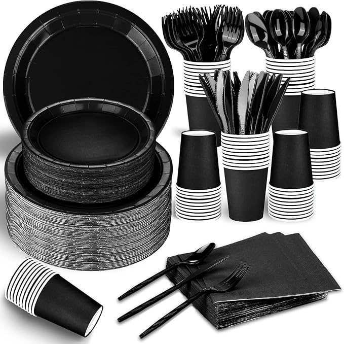 228PCS Black Party Supplies Set Include Paper Plates Cups Black Napkins Plastic Spoons Forks Knives for 30 Guests Disposable Party Dinnerware for Birthday Wedding Family Picnic
