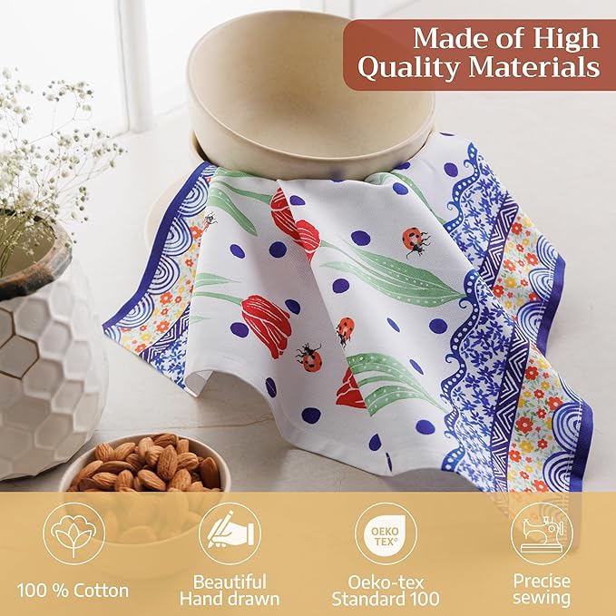 Maison d' Hermine 100% Cotton Cloth Napkins Set of 4 Everyday Reusable Square Napkins Cloth Washable Dinner Party Wedding Restaurant Hotel Kitchen Spring Summer (Folky Floral, 18" x 18")