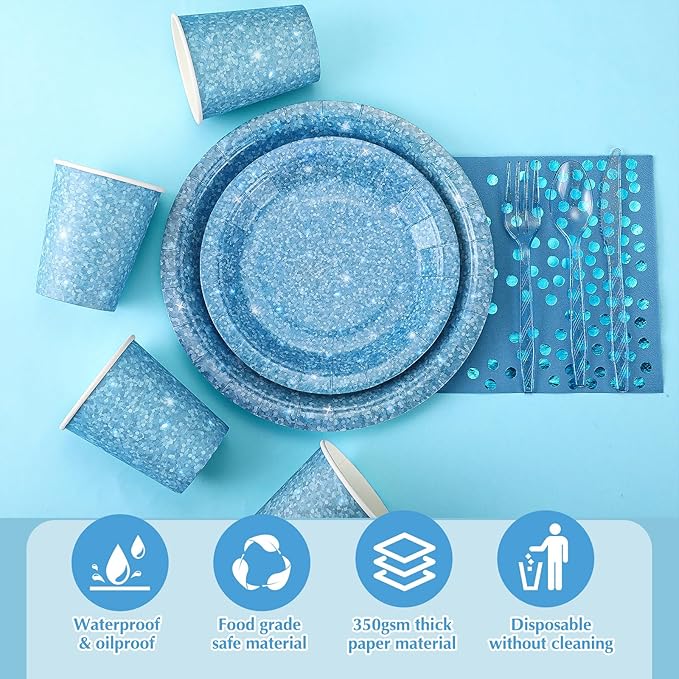 Hushee 175 Pcs Light Blue Holographic Print Party Supplies Guests Disposable Dinnerware Set Include Paper Plates, Napkins, Cups, Plastic Cutlery for Wedding Birthday Disco Bachelorette