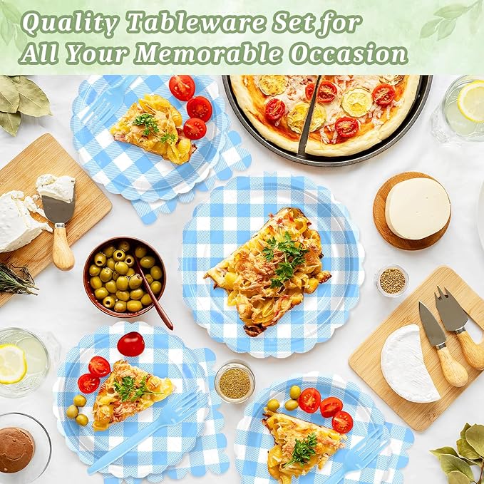 Mulbozy 75 Light Blue Gingham Plates and Napkins Disposable Set Includes 25 Dessert Cake Scalloped Plates, Cocktail Napkins & Forks, for Fork 25 Guests Holiday Party Supplies.
