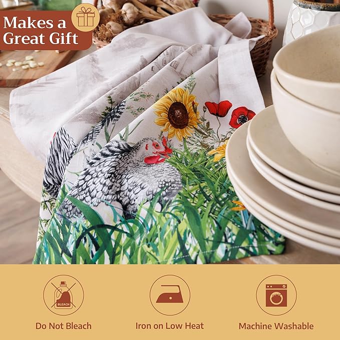 Maison d' Hermine Kitchen Towels Set of 3 100% Cotton 27.50" x 20" Reusable Cloth Tea Dish Towels Absorbent with Hanging Loop for Kitchen Farmhouse Hotel Spring Summer - Basse Cour