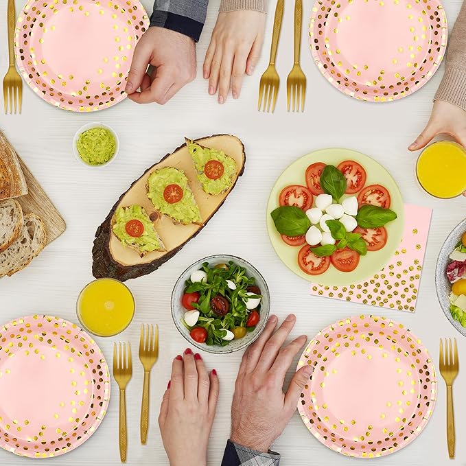 Pink and Gold Paper Plates and Napkins Party Supplies,Serves 25 Guests Pink Gold Plates and Napkins,Disposable Paper Tableware Set for Birthday Wedding Bridal Shower Baby Shower Decorations