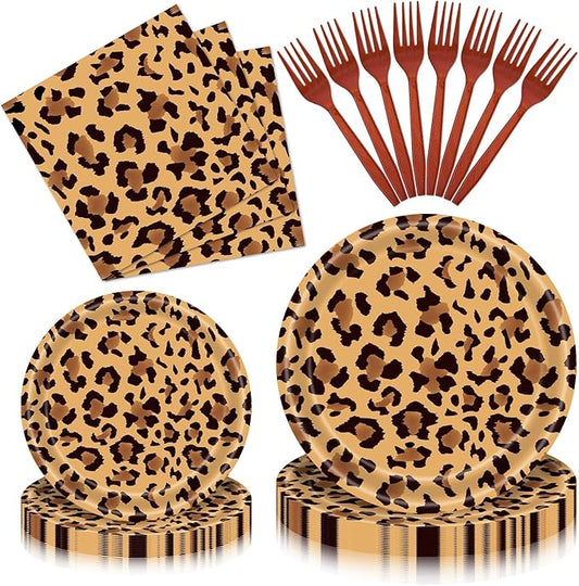 100 Pieces Leopard Print Party Tableware Set – Cheetah Animal Print Plates, Napkins and Forks, Disposable Dinnerware for Safari Jungle Birthday and Baby Shower Party Supplies