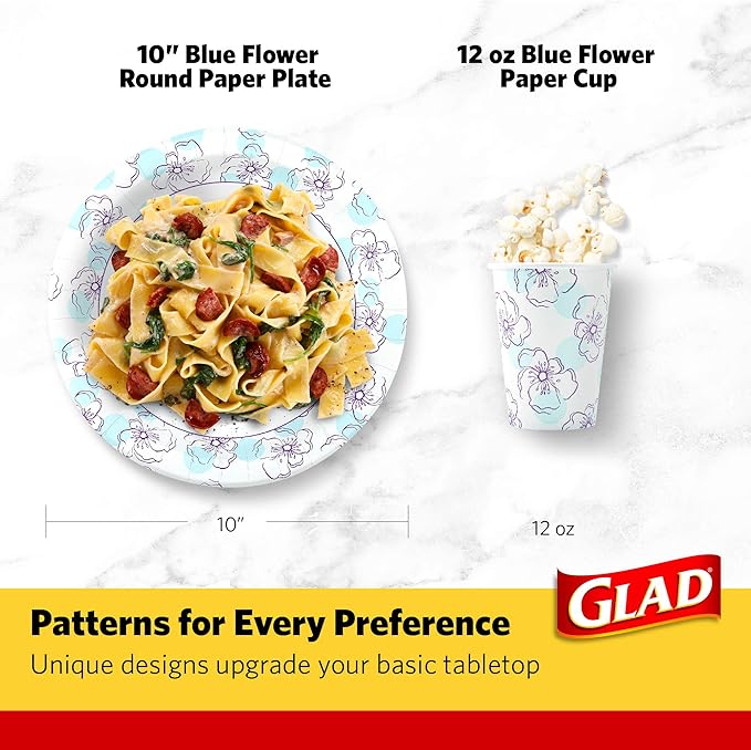 Glad Round Disposable Paper Plates, Blue Flower Design, Heavy Duty Soak Proof Cut Resistant Microwave Safe Plates for Meals, Parties, Picnics, and Events, 10 Inch, 50 Count