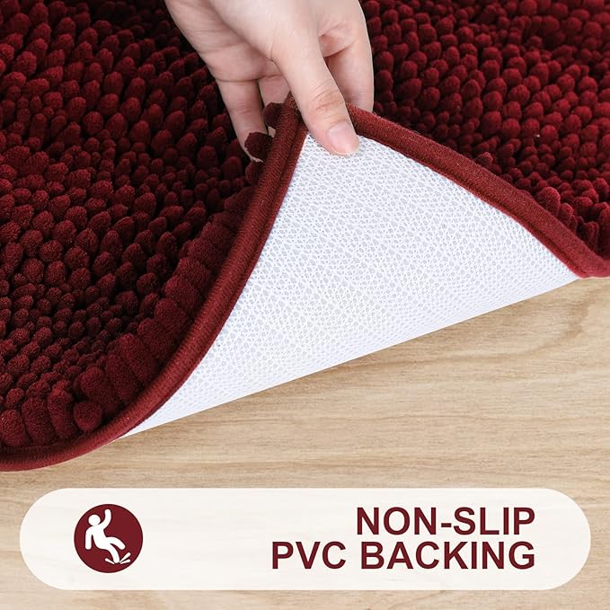 Grandaily Chenille Striped Bathroom Rugs 47x20, Extra Thick and Absorbent Bath Mats, Non-Slip Soft Plush Shaggy Shower Carpet, Machine Wash Dry, Bath Rug for Bathroom, Burgundy