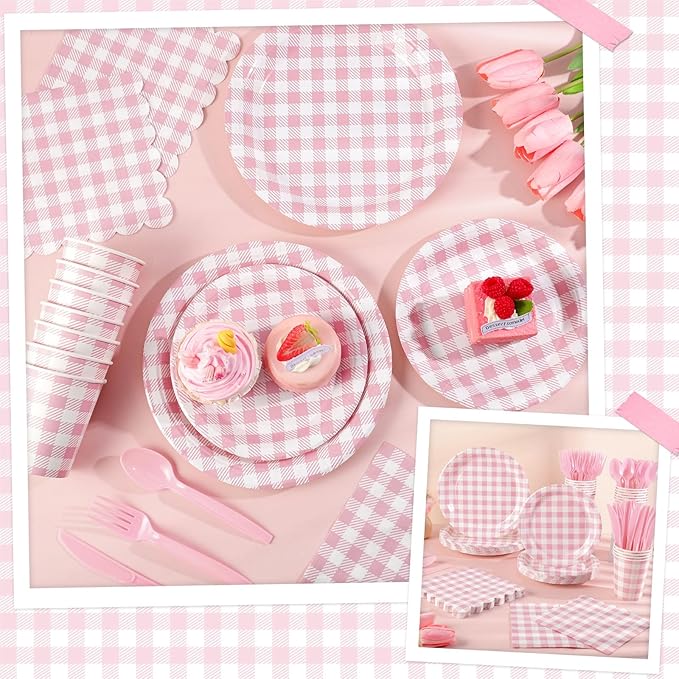 NatNarr 175 Pcs Pink Gingham Party Supplies Include Pink Gingham Plates and Napkins Cups Disposable Checkered Dinnerware Set for Picnic, Baby Bridal Shower, Wedding Decorations