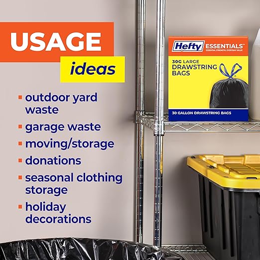 Hefty Essentials Drawstring 30 Gallon Trash Bags, 56 Count, Bulk Black Garbage Bags for Garages, Parties, Large Trash Items, and More, Scent Free, Black