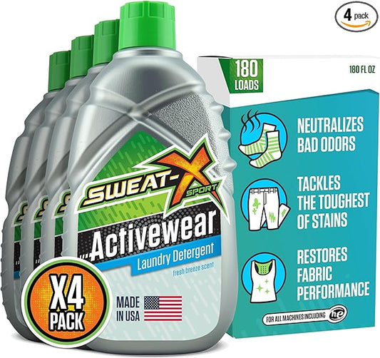 SWEAT X Original Activewear Laundry Detergent Liquid - Natural Washing Detergent for Activewear & Gym Clothes - Non Toxic Laundry Detergent for Sensitive Skin - Concentrated, 45 Loads (4 Bottles)