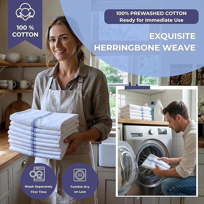 Bulk Kitchen Towels Cotton for Chefs in Commercial Restaurants - 15"X25" - 12 Pack - White Linen Tea Dish Towels - Lint Free Soft Absorbent Center Blue Striped Herringbone Weave Towles