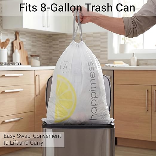 happimess 8 Gallon (30L) Drawstring Trash Bags, Lemon Scent, White, Heavy Duty MDPE Liners for Kitchen and Household, Odor Control, Custom Fit 20 Count (1 Packs of 20 Liners) HPM3100A-W-1SET
